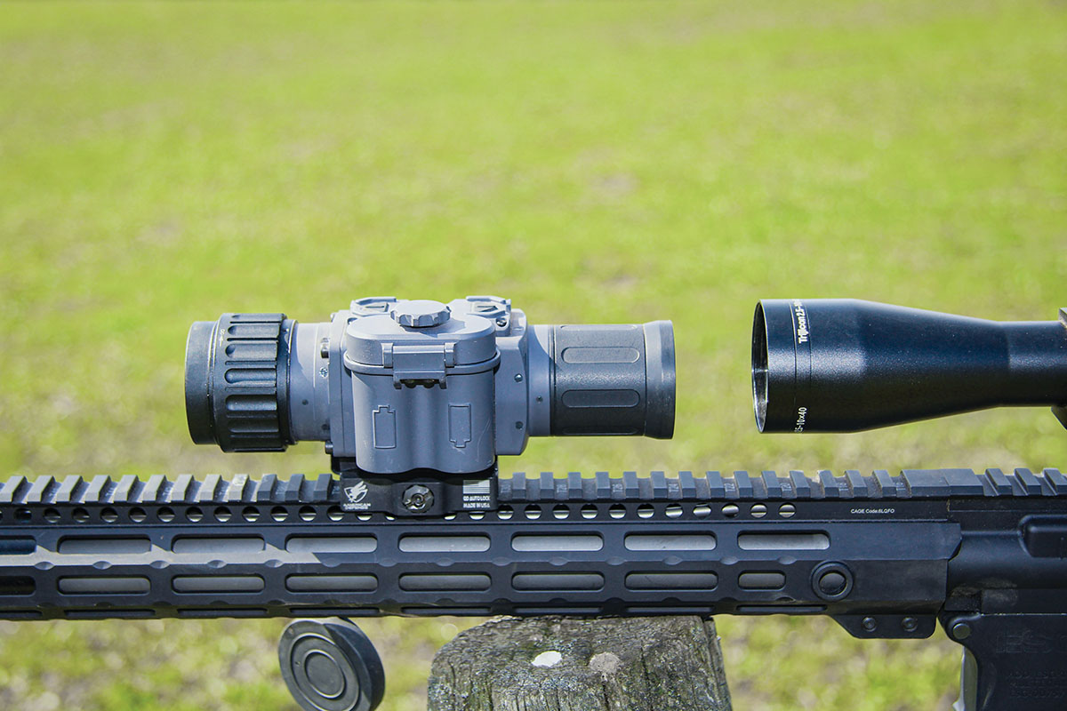 The Operator 640 by Armasight is a clip-on design that pairs with an existing riflescope. Straight-tubed low-power variable optics work best, requiring no sight-in after installation. Patrick used a larger optic, which paired just fine, but did require a couple of inches of corrections to achieve zero.